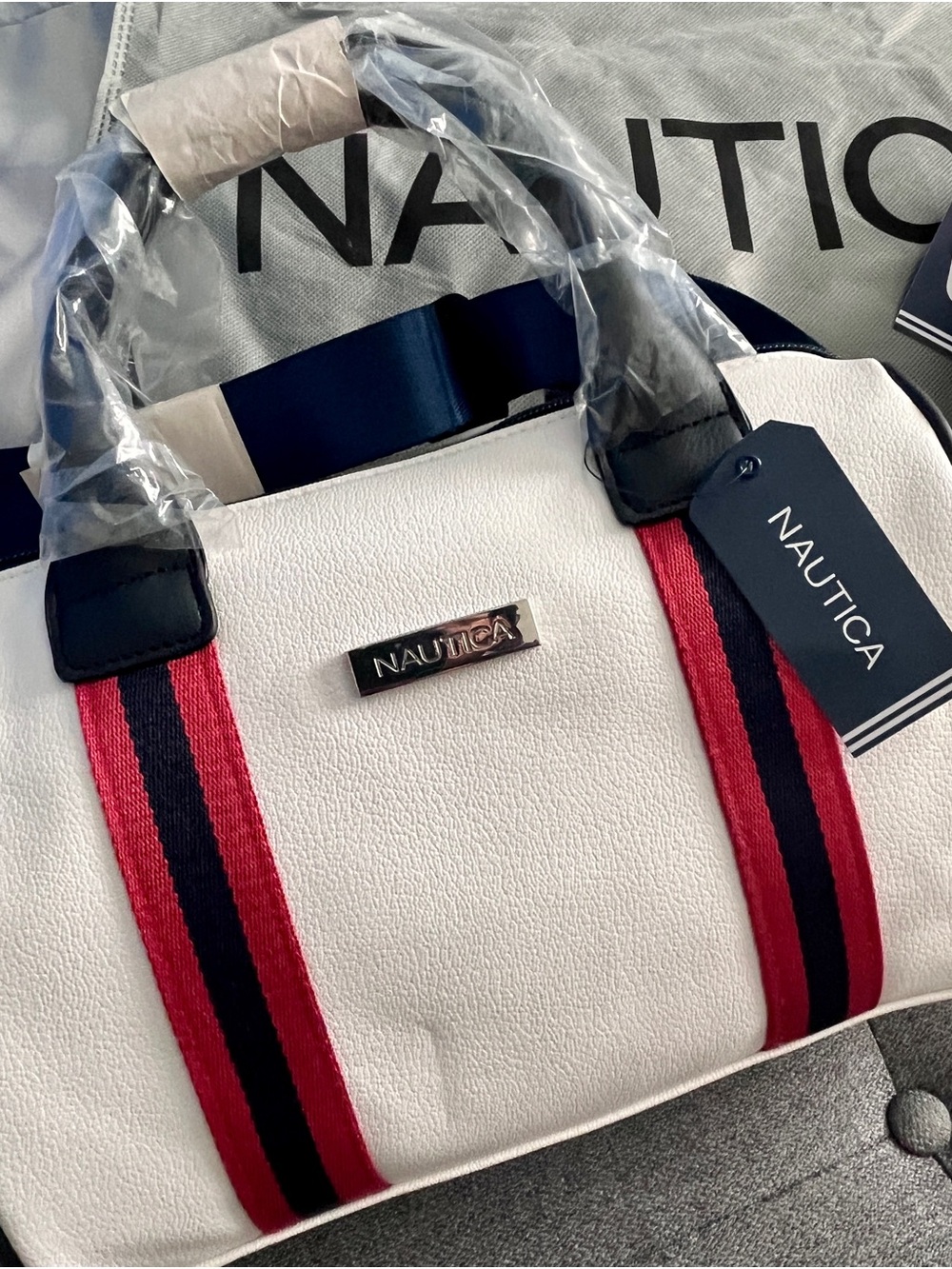 Nautica White Belt Bag with Red & Navy Stripes - Picture 2 of 5